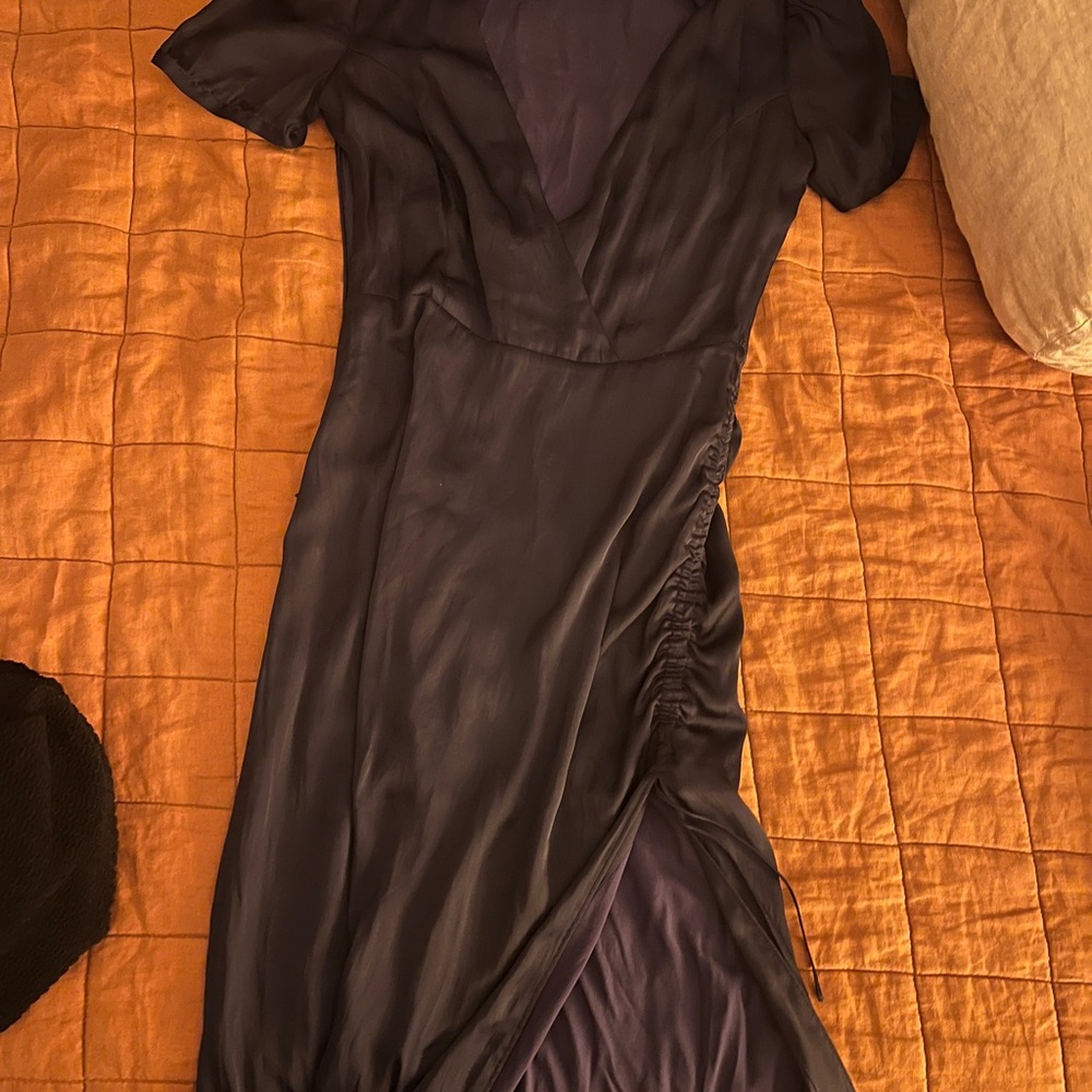 PAIGE Navy Ruched Wrap Midi Dress